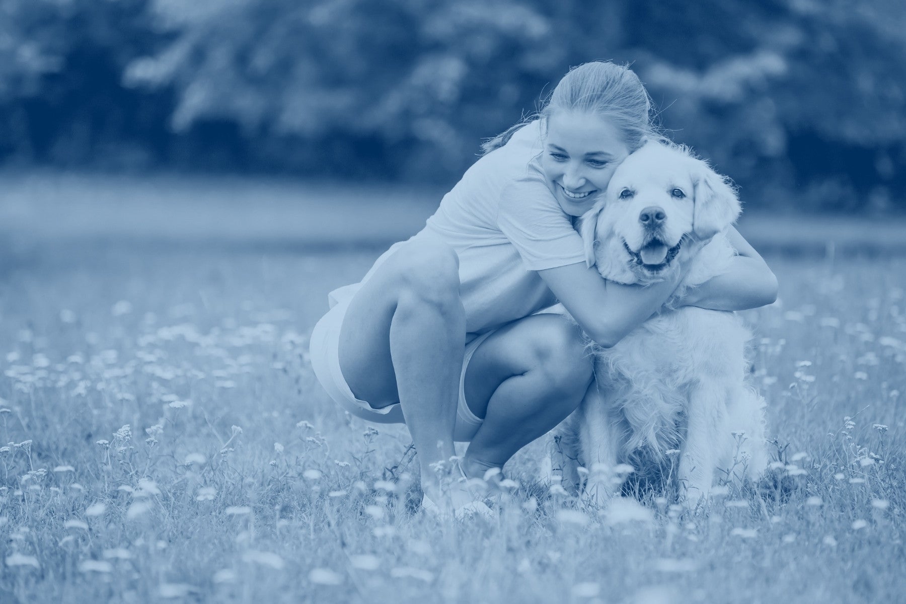 TrueBlue Healthy Pet Tips: How Do I Start A Wellness Routine For My Dog? A woman hugs her dog in an open field.